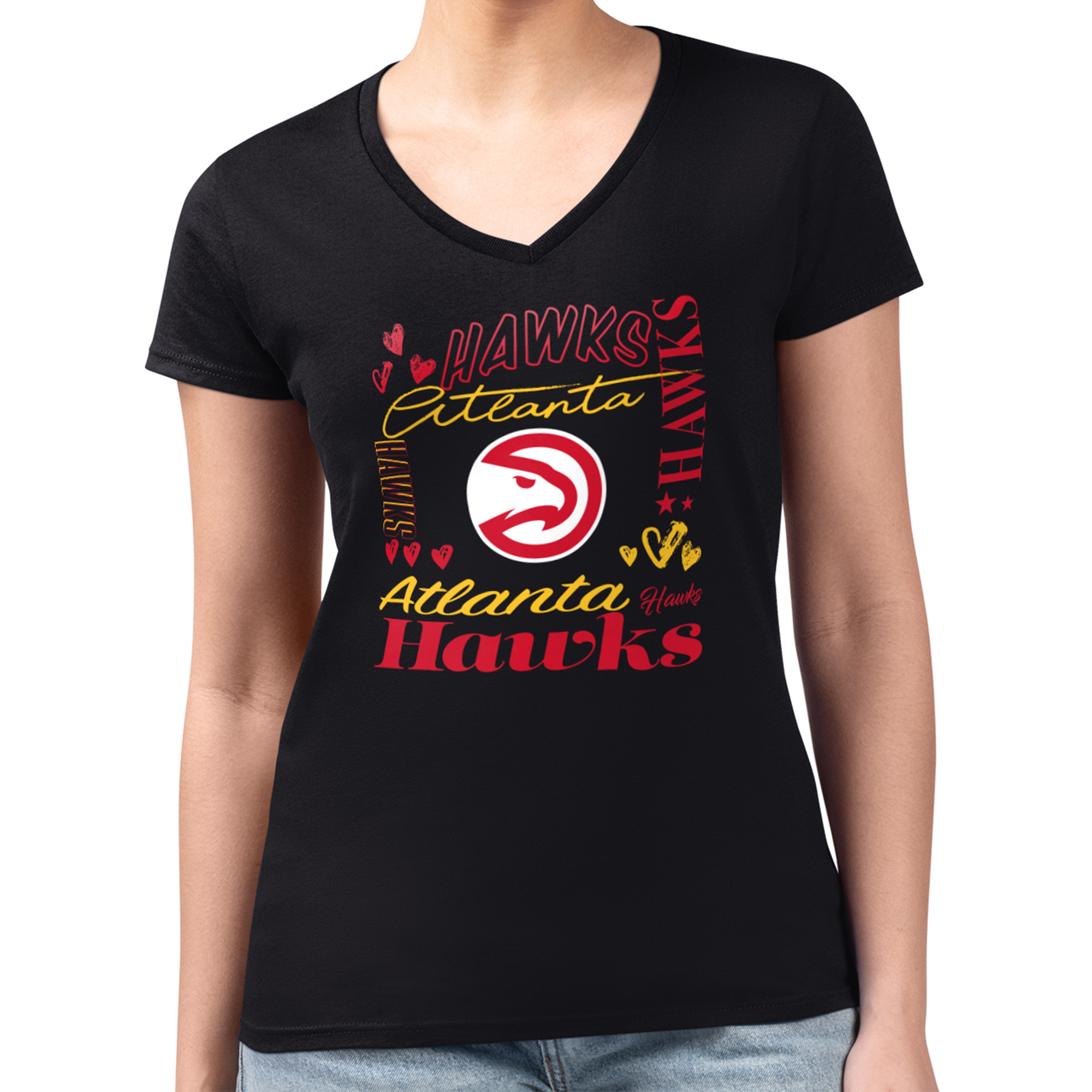 Women's G-III 4Her by Carl Banks Black Atlanta Hawks Team Name Collage Fitted Graphic V-Neck T-Shirt